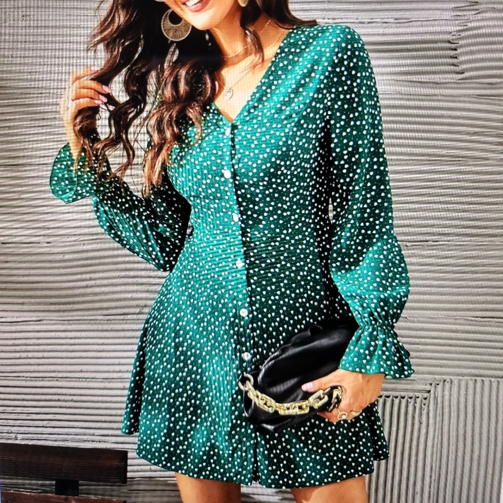 Confetti Heart print Flounce Sleeve Single Breasted Dress